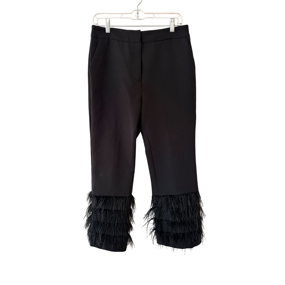 MILLY Black Feather Trim Cocktail Party Statement Holiday Glam Crepe Pant Sz 8